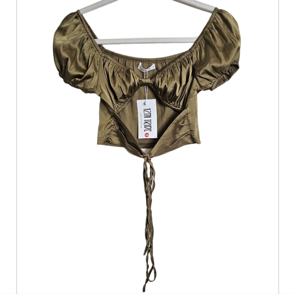 12th Tribe green satin cut out front criss cross tie crop top blouse